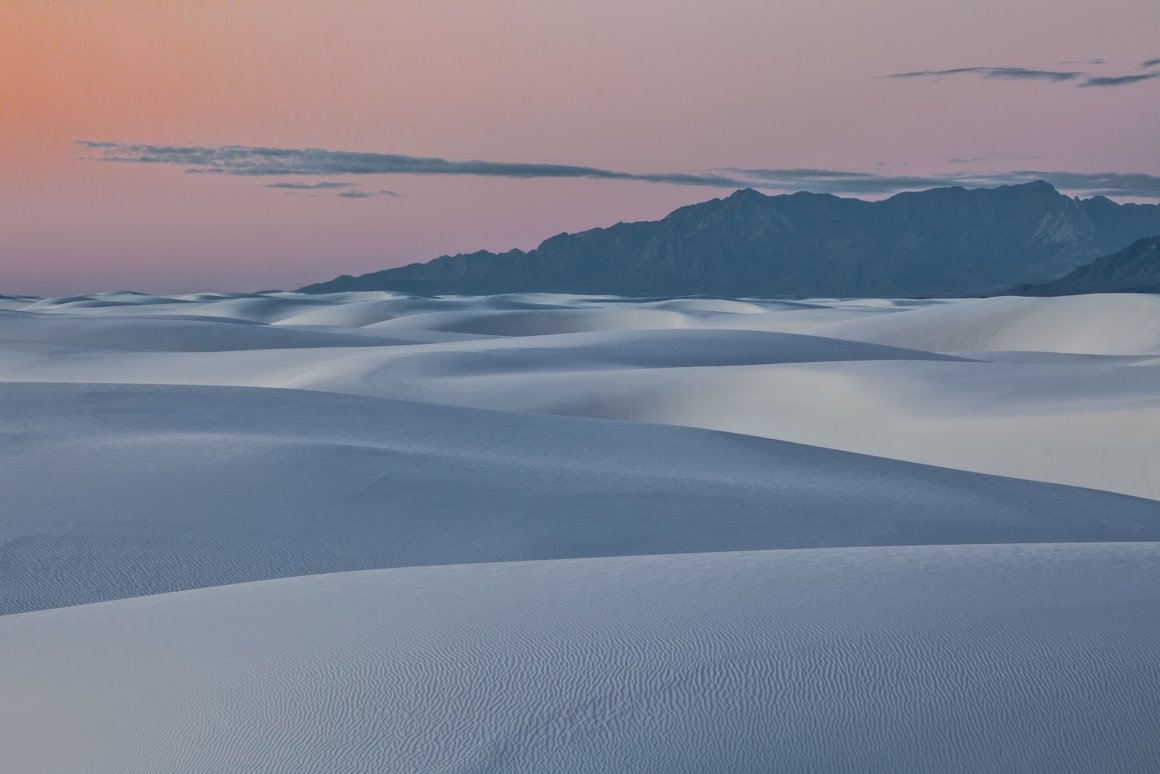 Sunset afterglow and twlight dunes in White Sands National Monument